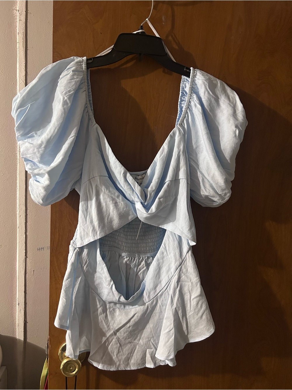Francesca's Collections Light Blue Puff Sleeve Drape-Back Blouse